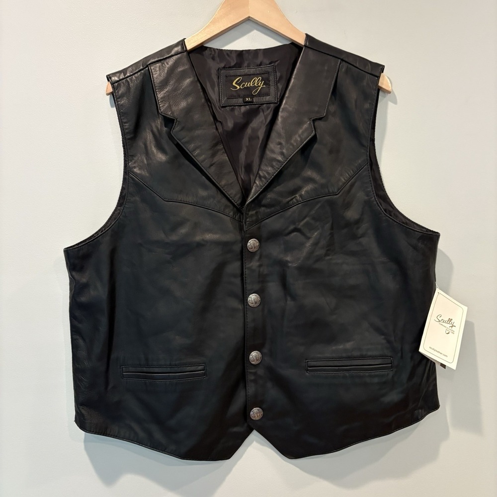 Scully Lambskin Leather Lapel Vest Mens Sz XL Black Biker Buffalo Nickel Snaps